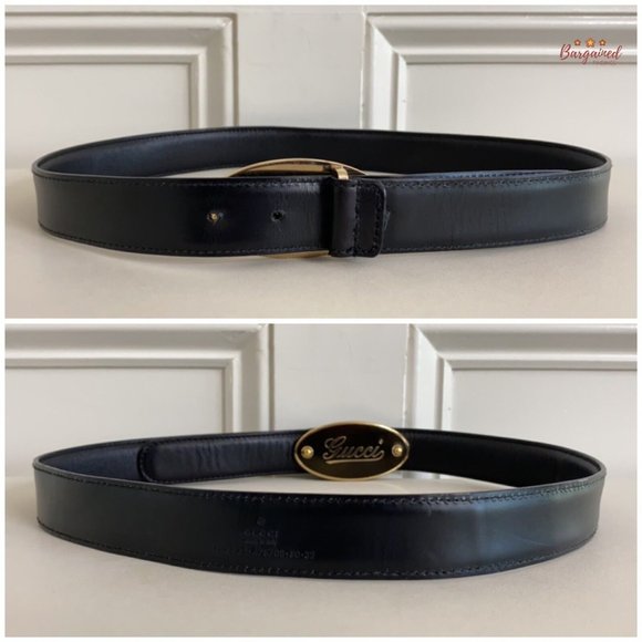 Authentic GUCCI Black Calfskin Leather Gold Signature Oval Buckle Belt 80/32 main image 10
